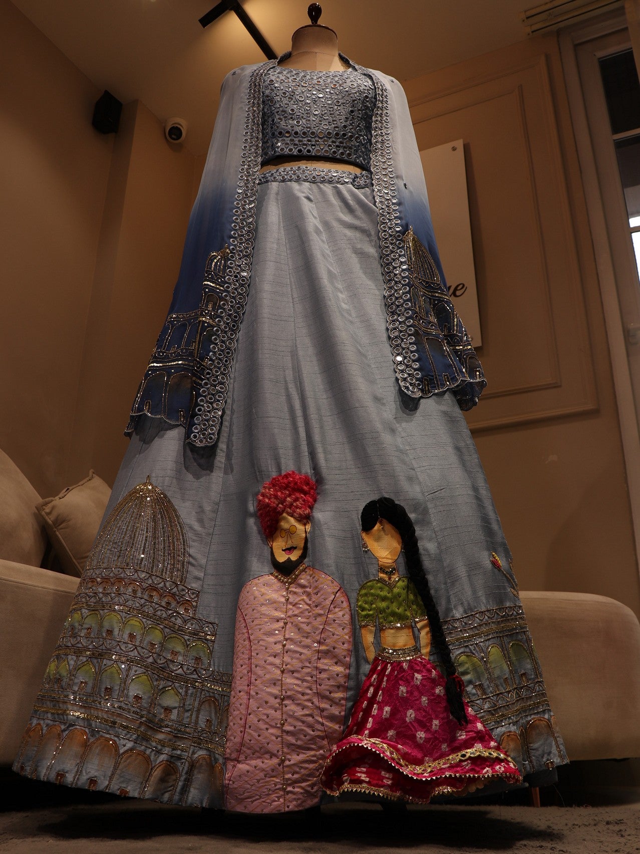 Blue shaded handpainted lehenga cape