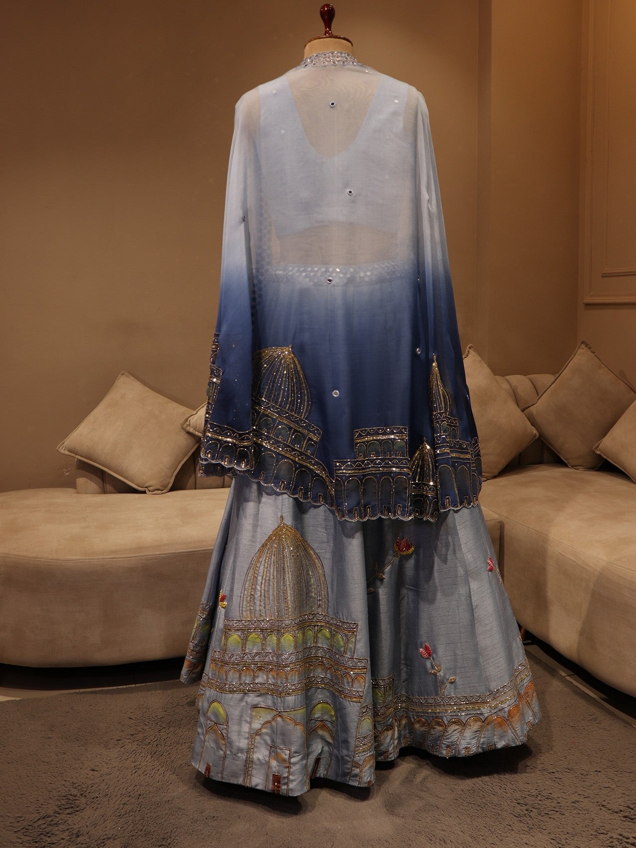 Blue shaded handpainted lehenga cape