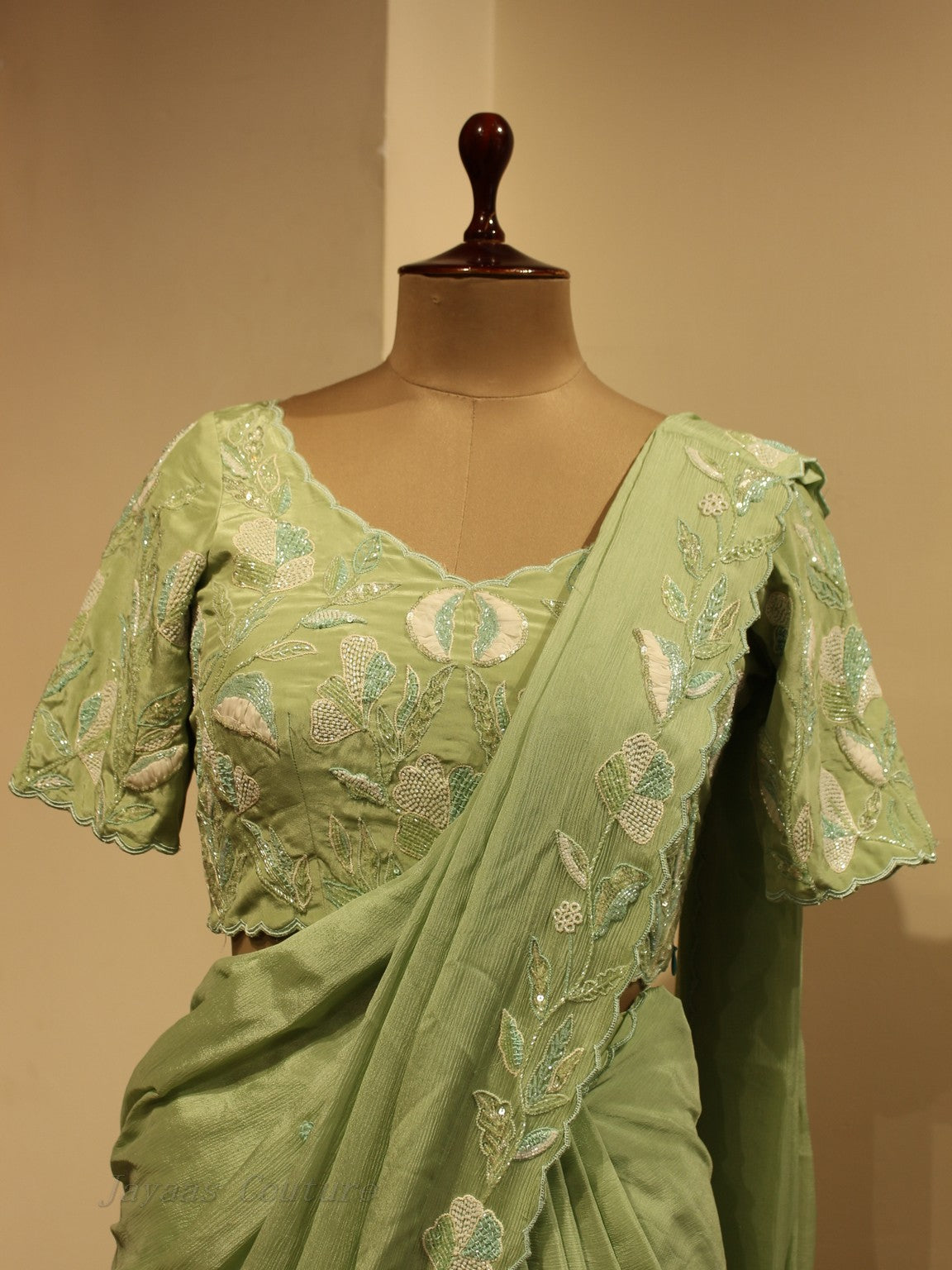 Pistachio green drape saree