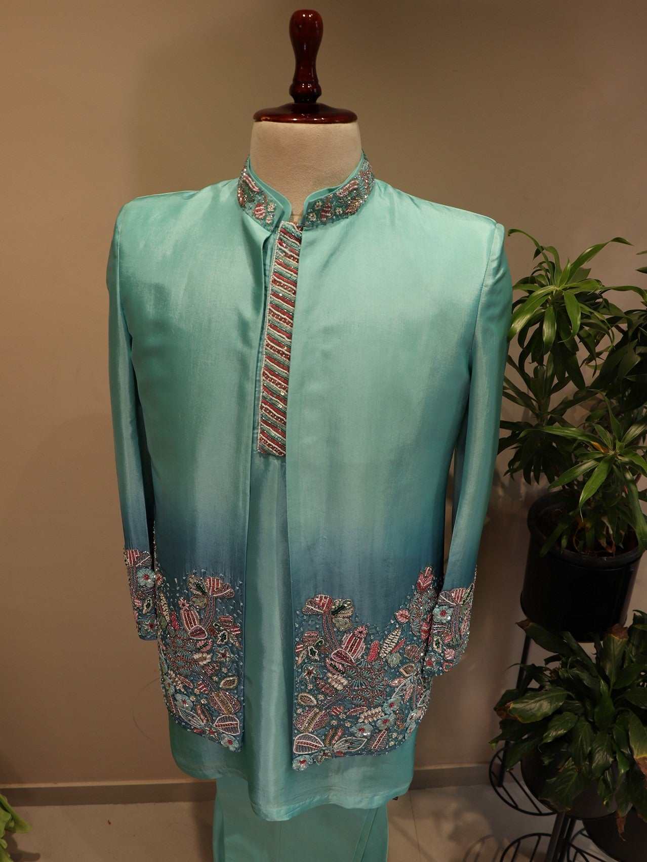 sea green shaded mens indo western