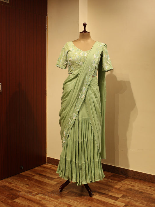 Pistachio green drape saree