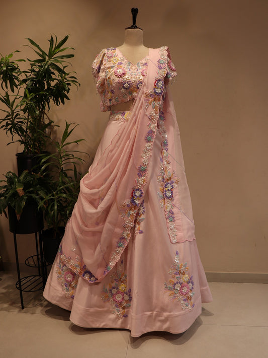 Pink 3d flowers lehenga set