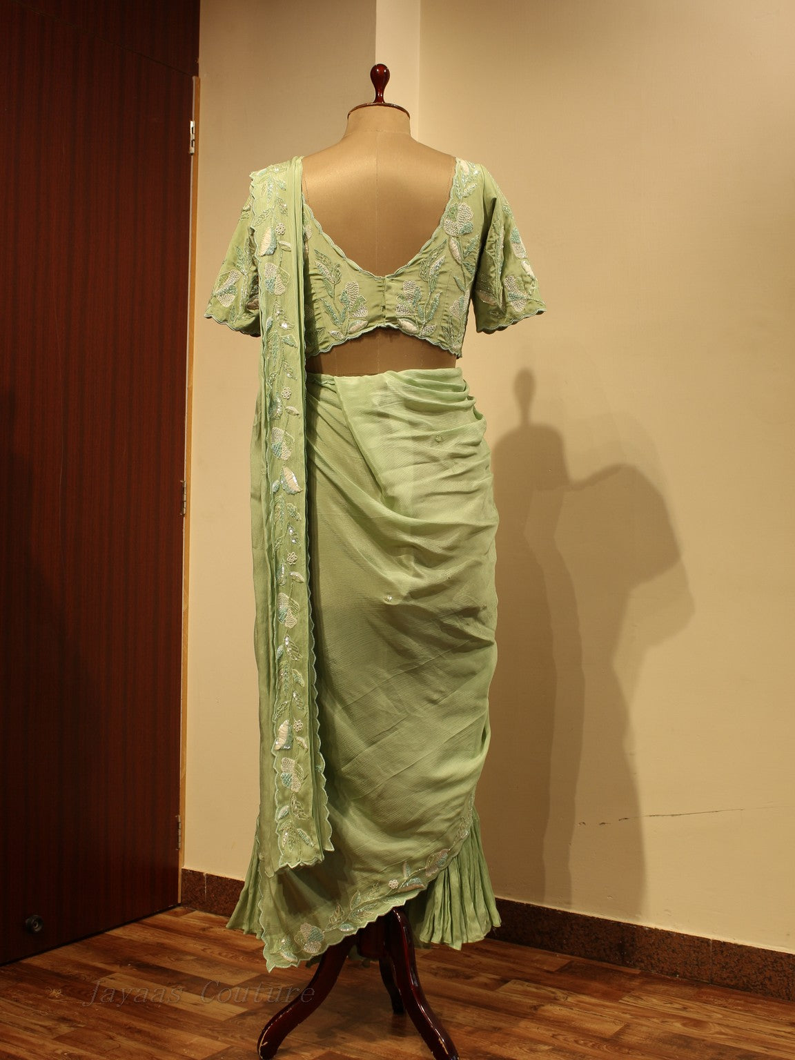 Pistachio green drape saree