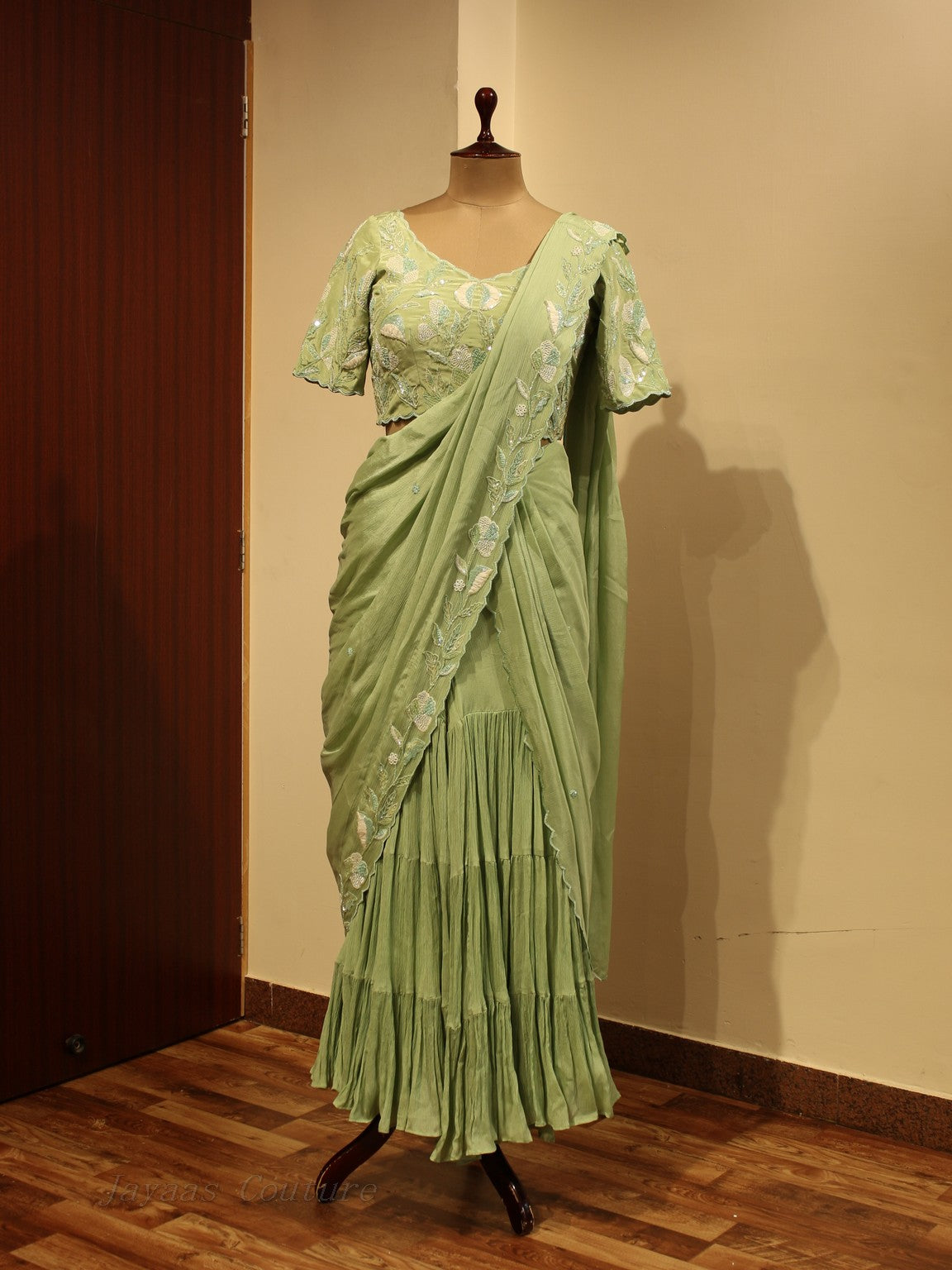 Pistachio green drape saree