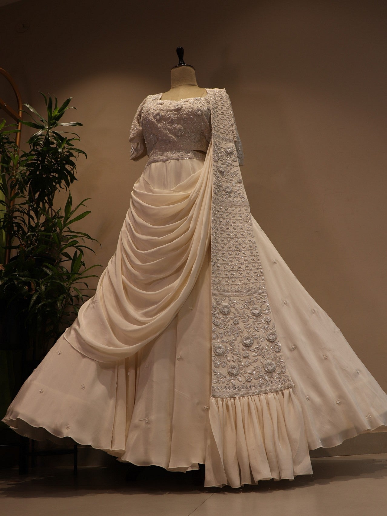 pearl white drape lehenga set