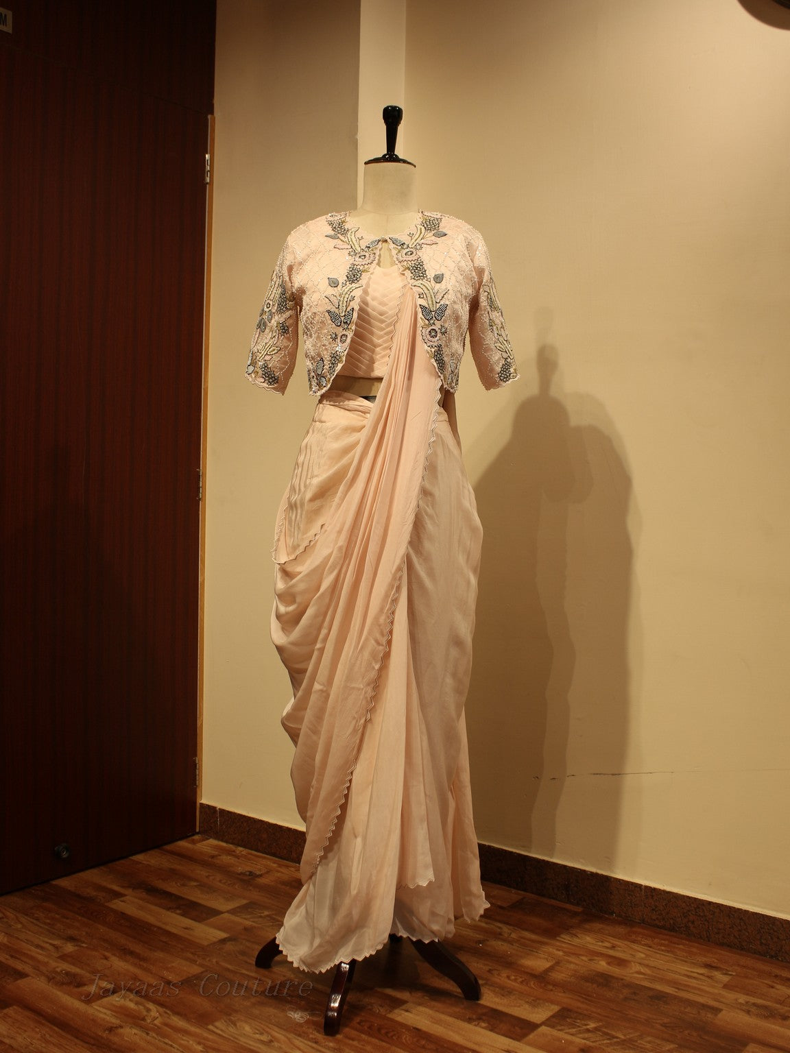 Blush pink drape saree with cape