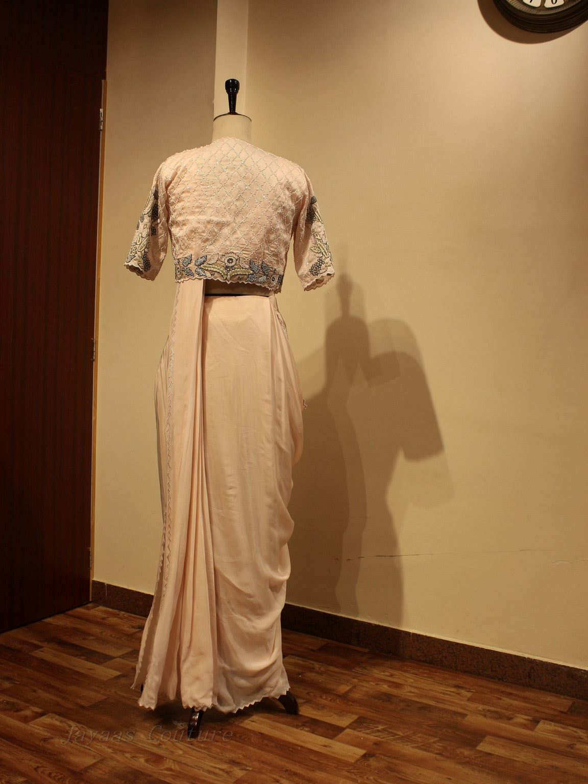 Blush pink drape saree with cape