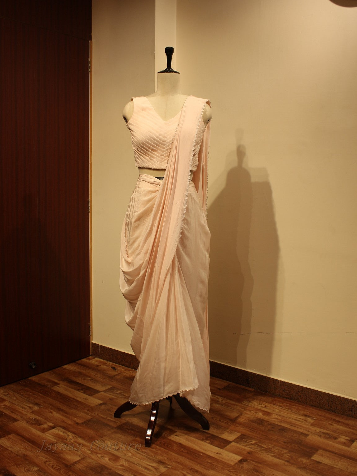 Blush pink drape saree with cape