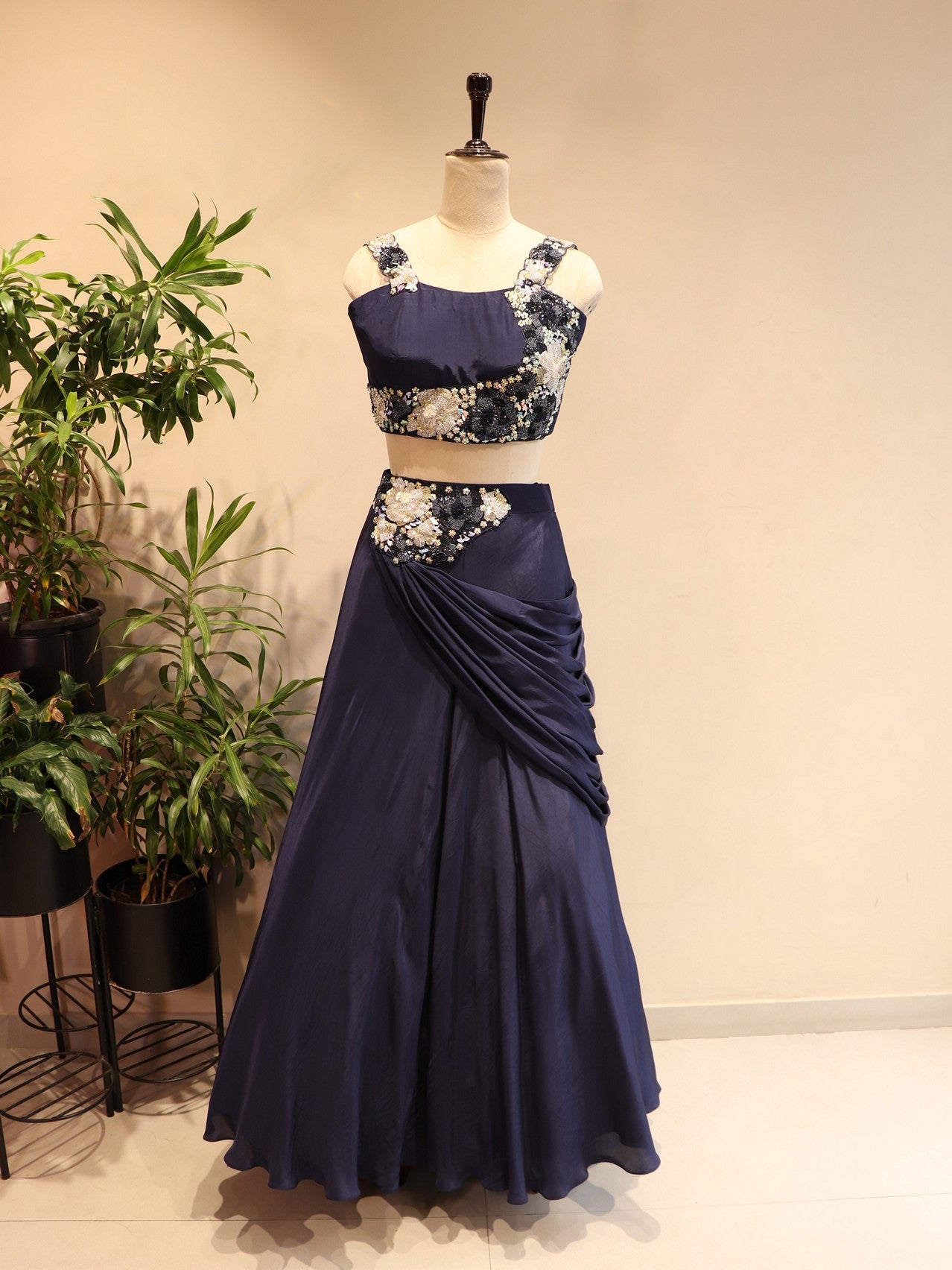 Navy blue crop top with skirt
