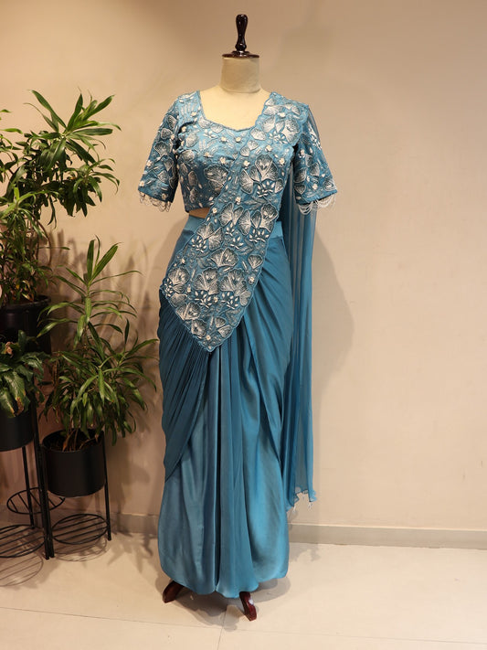 Turquoise blue drape saree