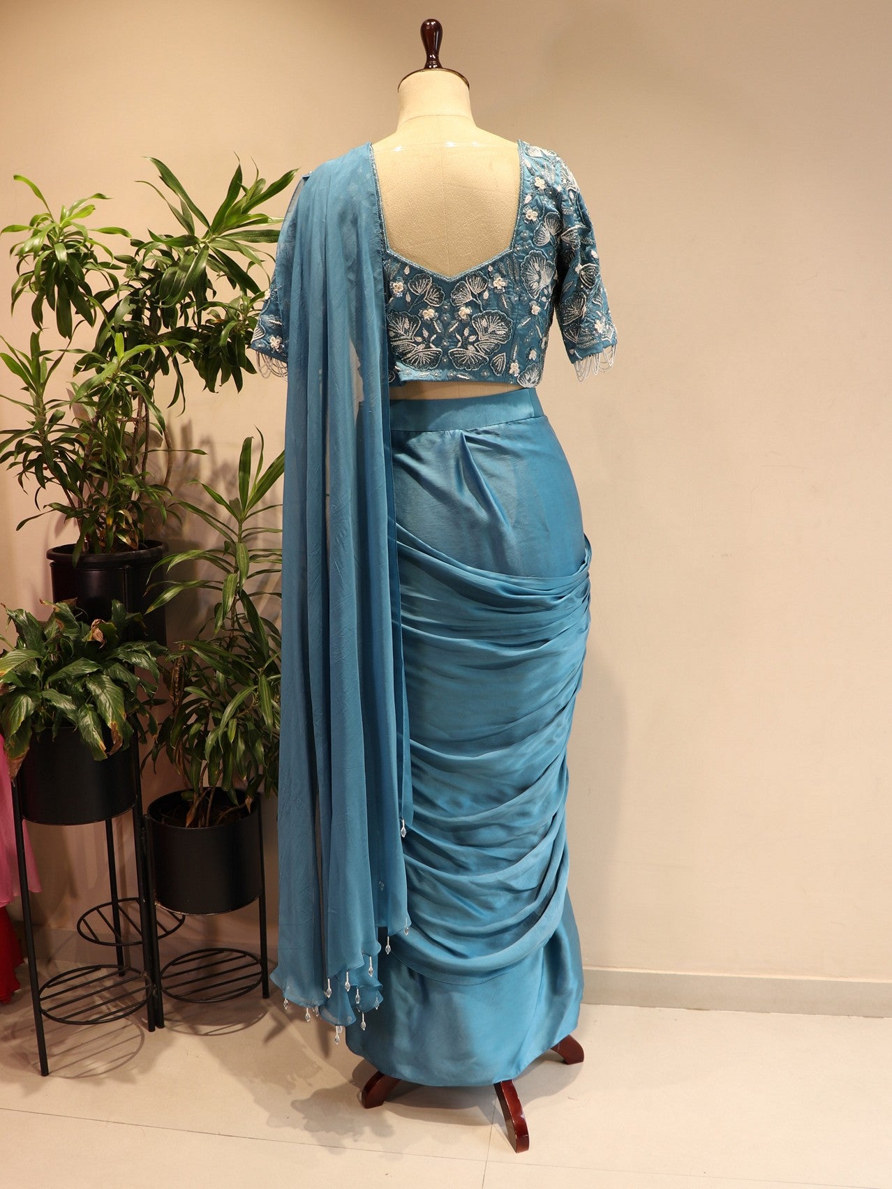 Turquoise blue drape saree