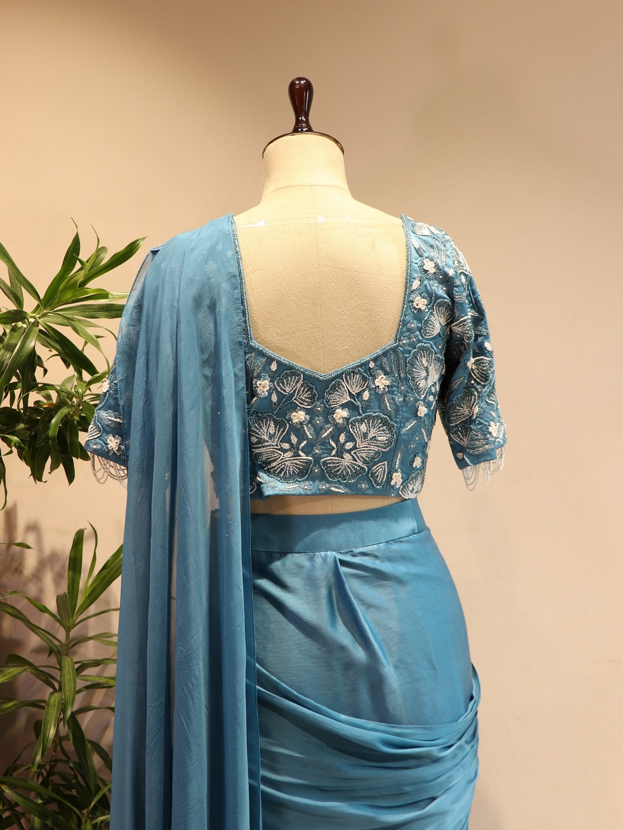 Turquoise blue drape saree
