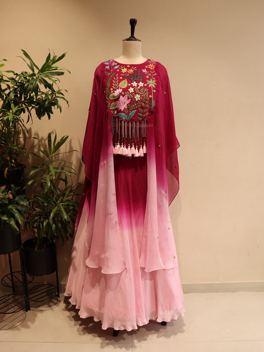 wine pink shaded cape top with skirt