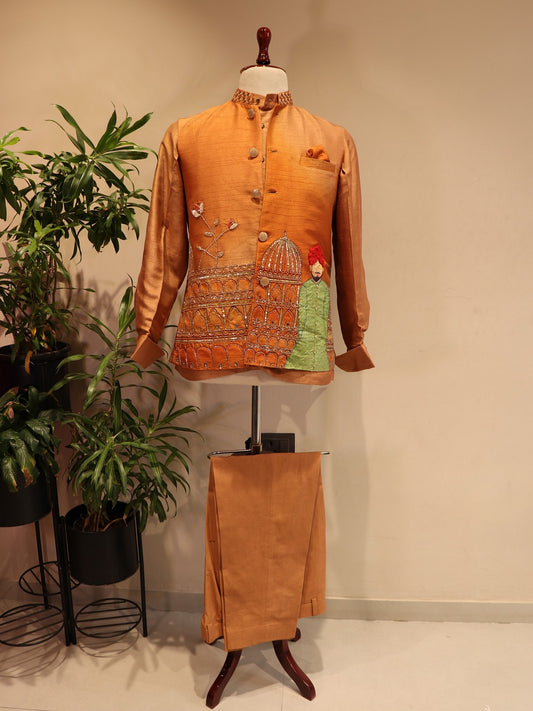 Rust orange mens jodpuri jacket shirt pants
