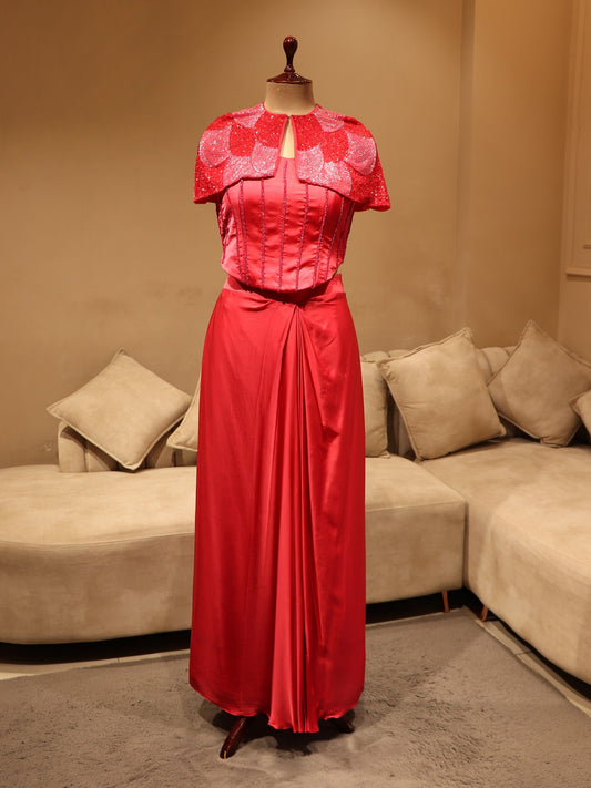 Tomato red corset with cape skirt