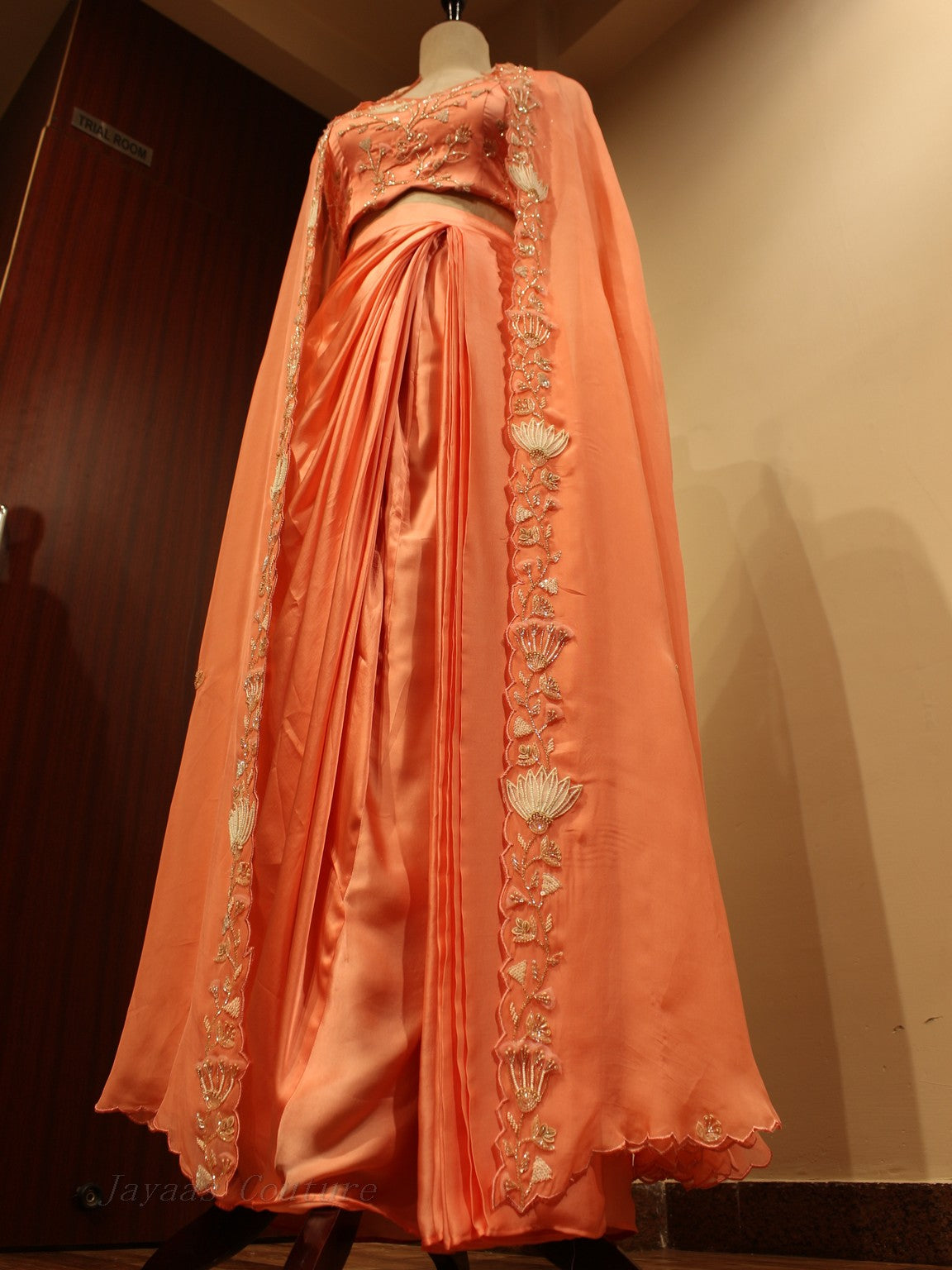 Peach crop top with drape skirt and cape