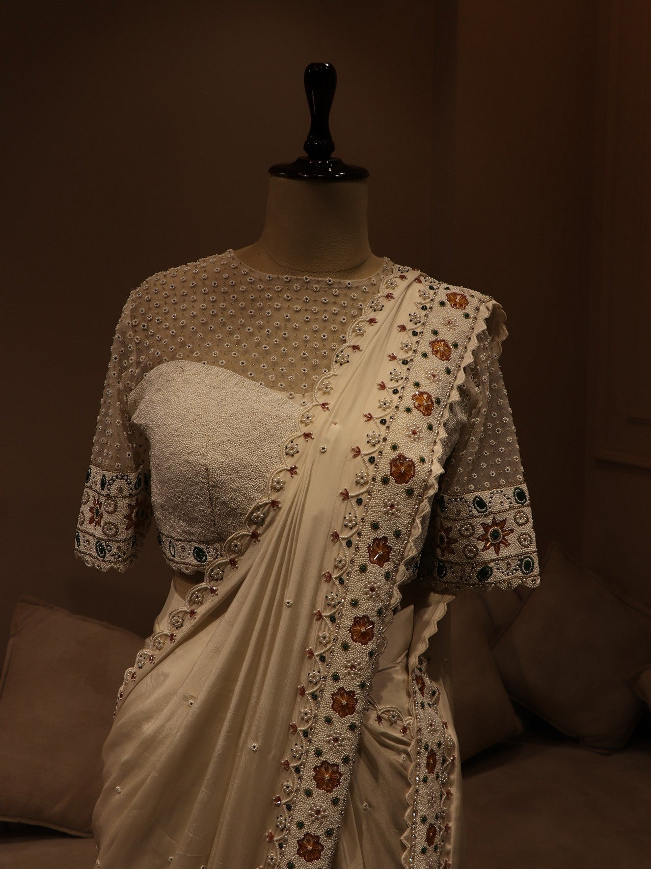 Pearl white drape saree