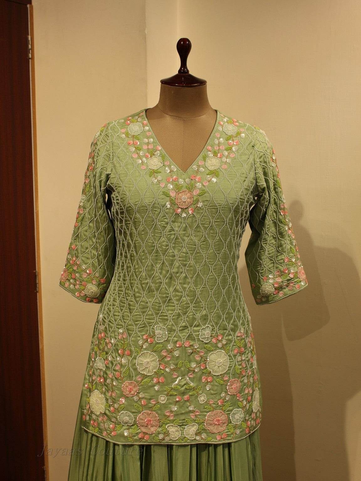 Pastel green kurta with skirt and dupatta