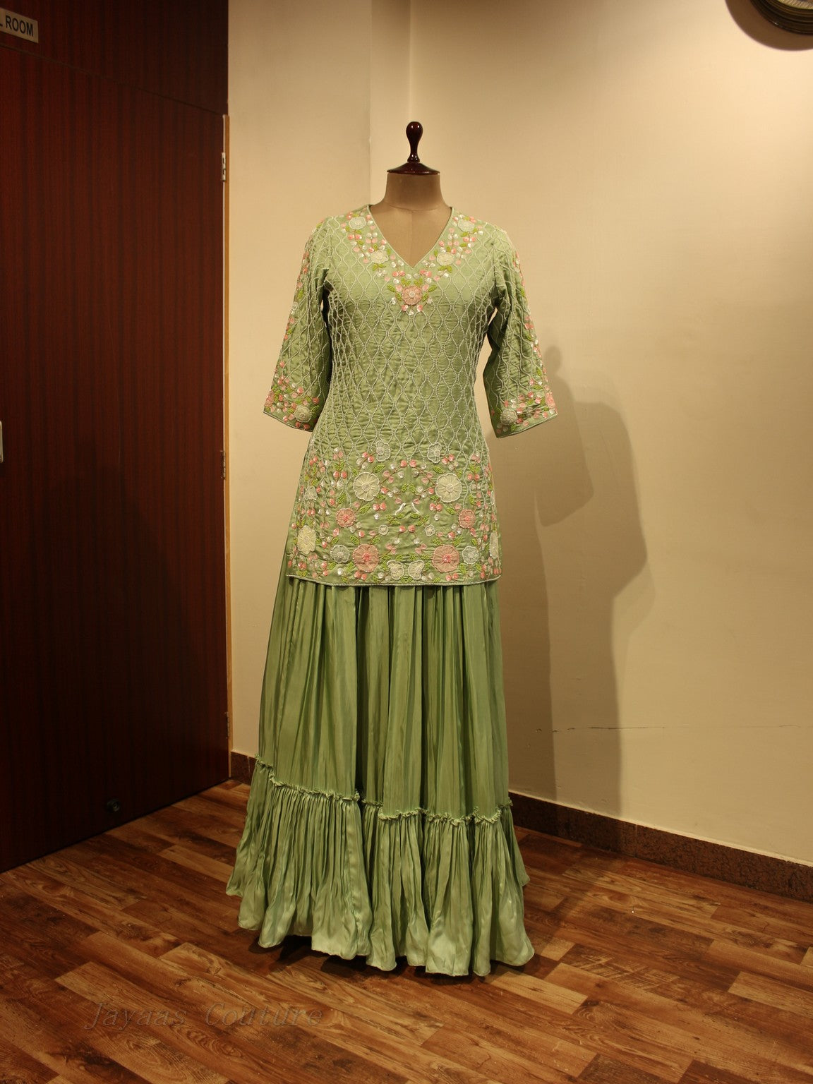 Pastel green kurta with skirt and dupatta