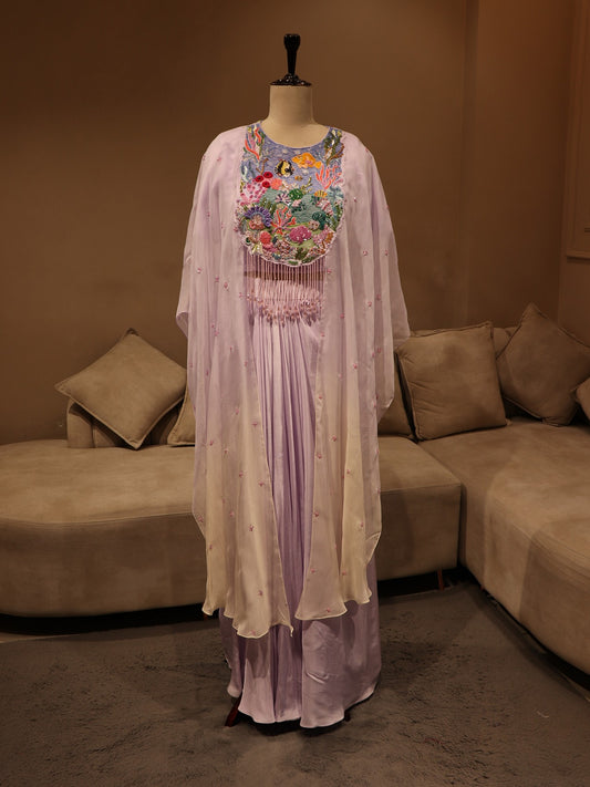 lilac shaded cape top skirt