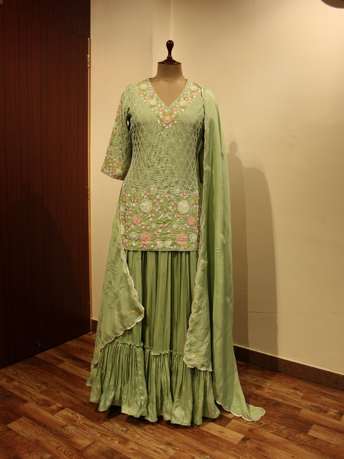 Pastel green kurta with skirt and dupatta