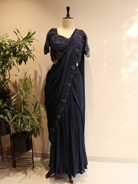 navy blue drape saree