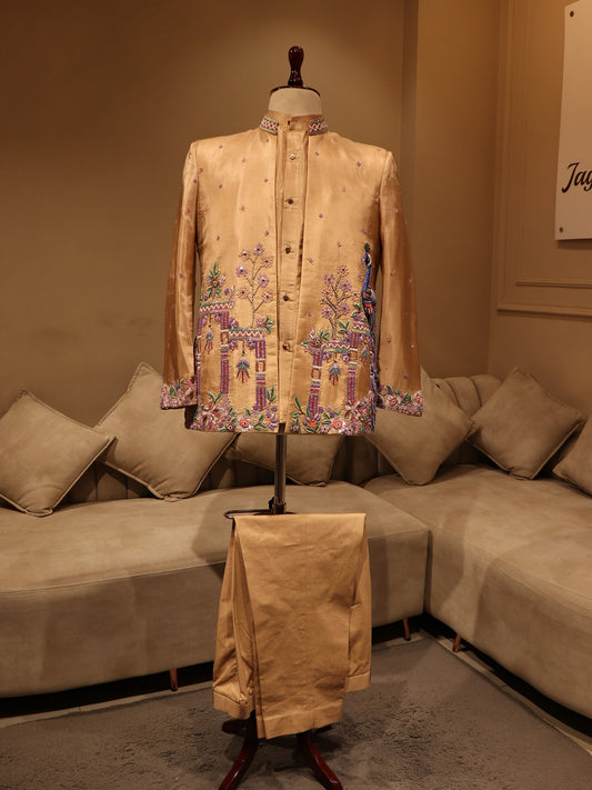 champagne gold  peacock  mens indowestern set