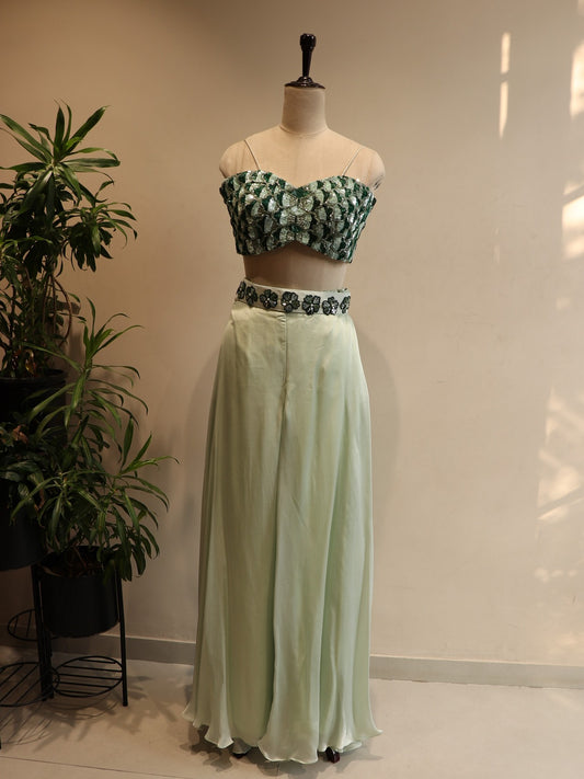 olive green 3d leafs crop top plazo