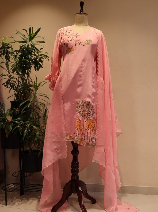 pink handpainted deer kurta pants dupatta