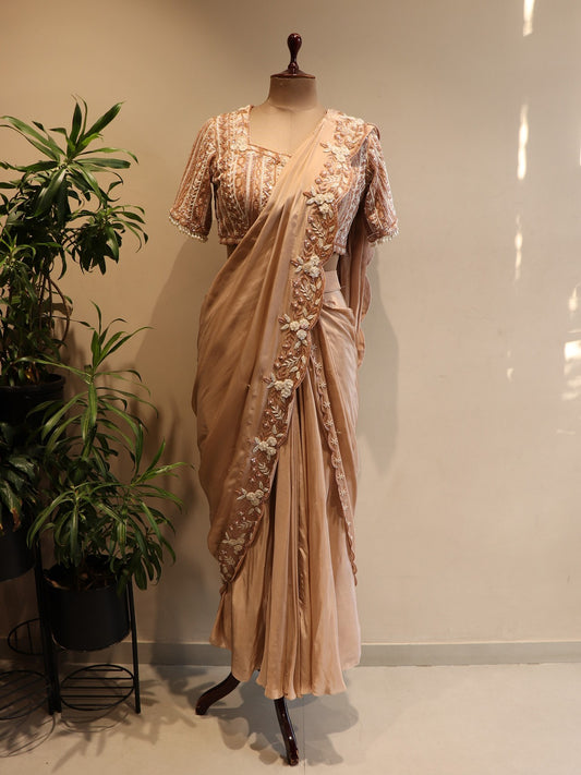 champagne gold drape saree