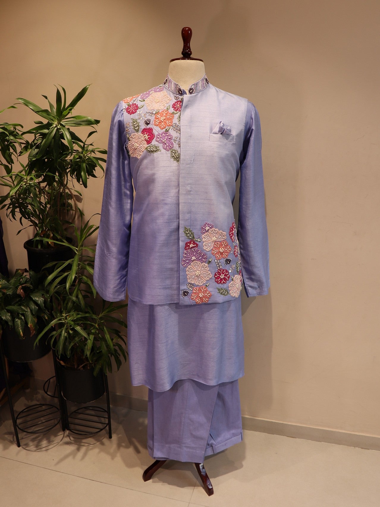 powder blue applique mens jodpuri jacket with kurta pants
