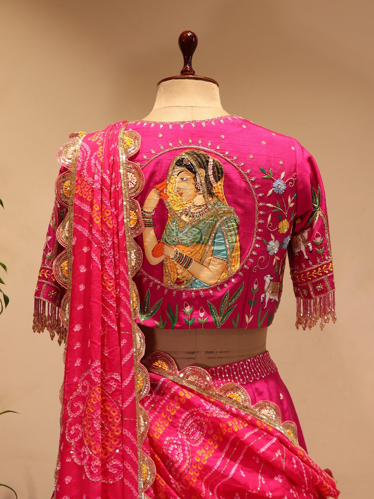 Hot pink radha krishna ji bandhej lehenga
