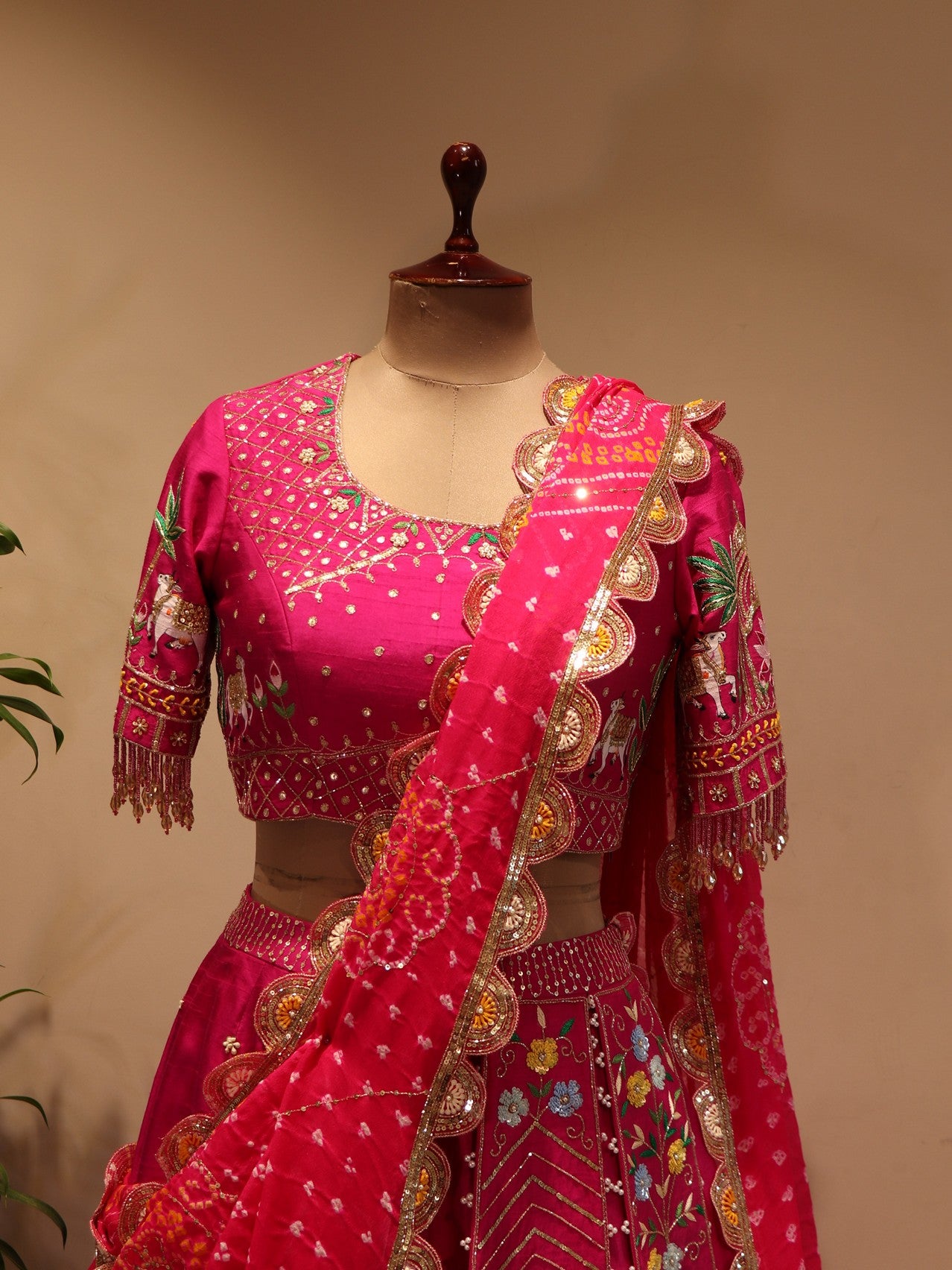 Hot pink radha krishna ji bandhej lehenga