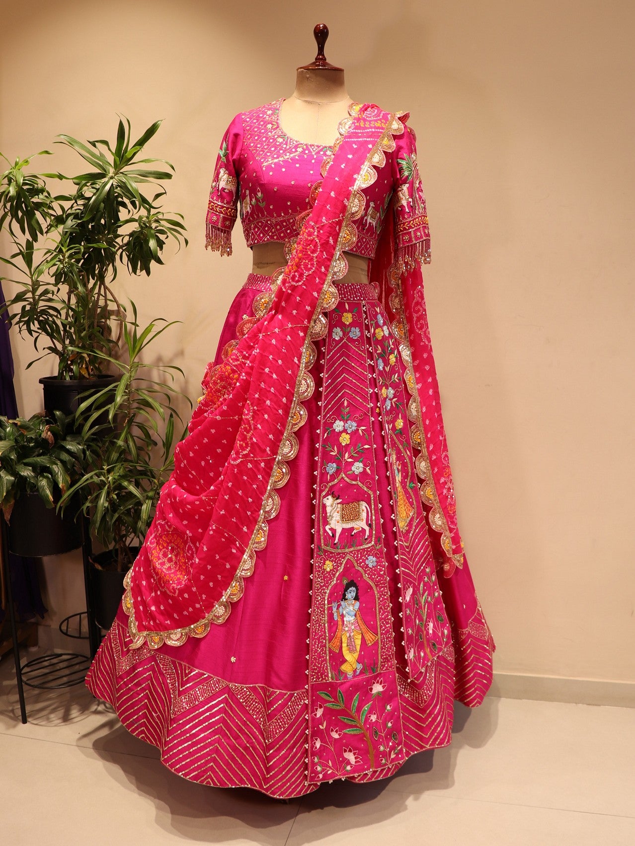 Hot pink radha krishna ji bandhej lehenga