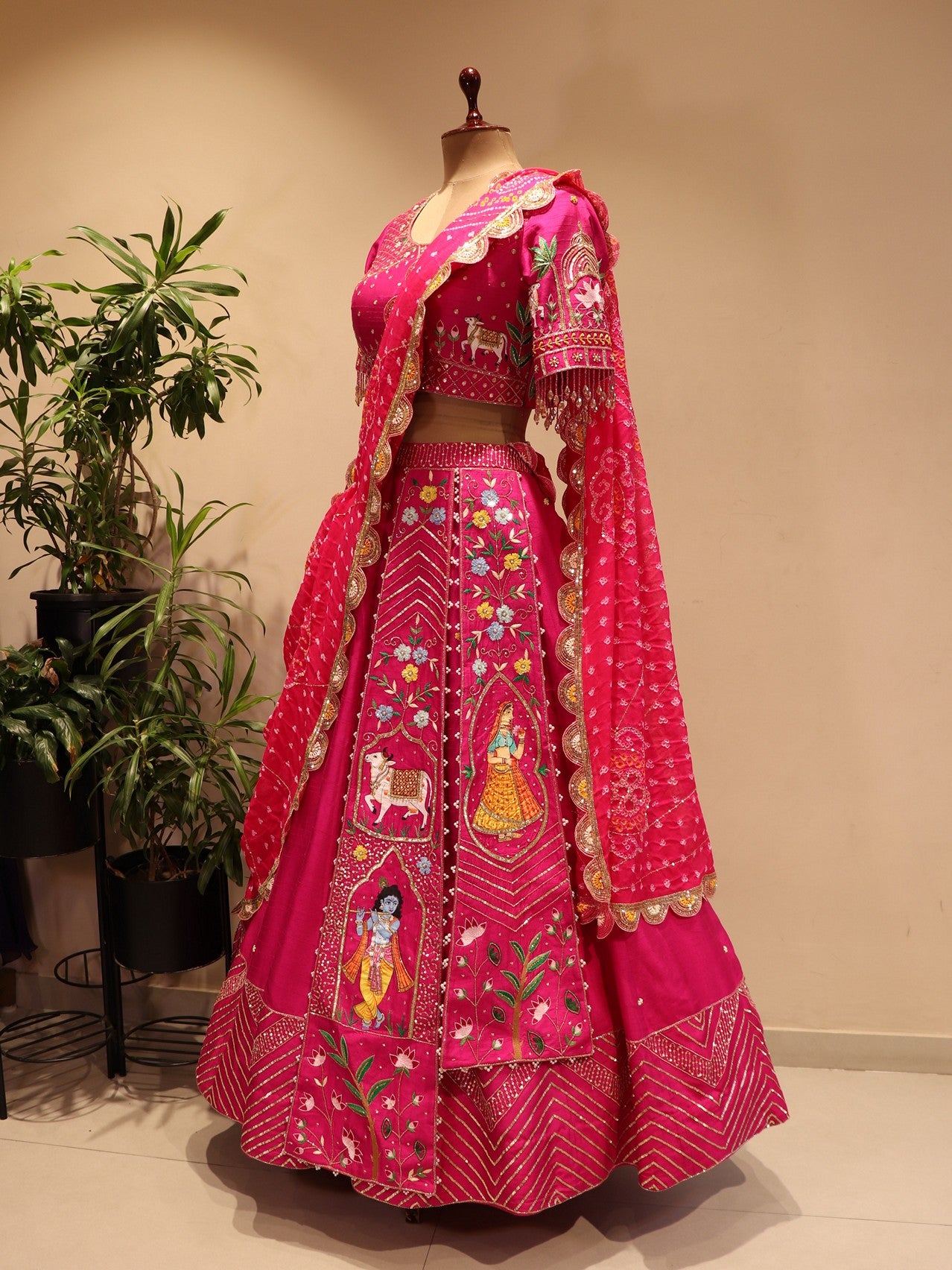 Hot pink radha krishna ji bandhej lehenga
