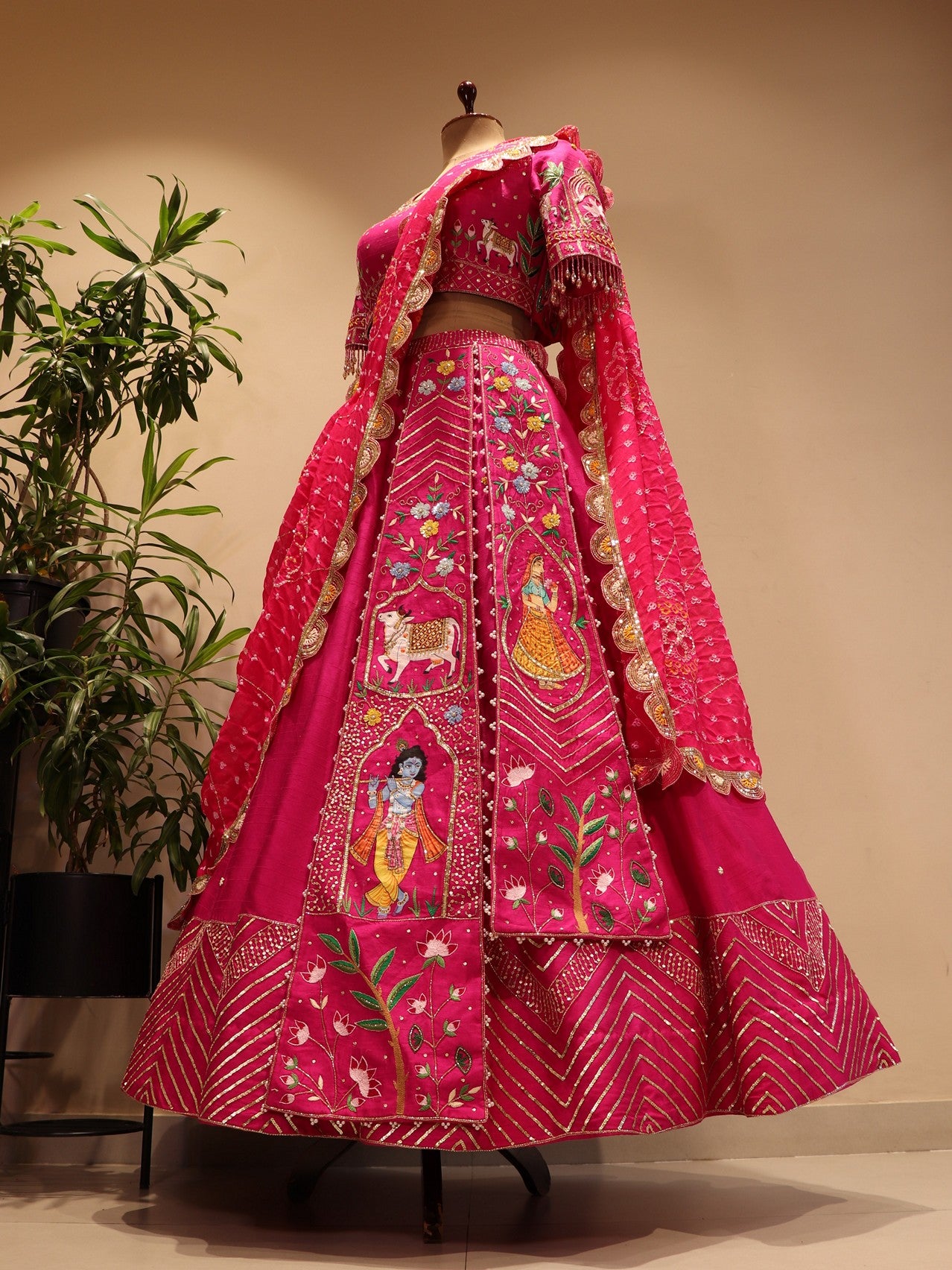 Hot pink radha krishna ji bandhej lehenga