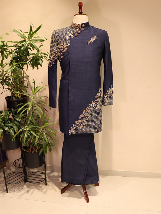 Navy blue mens achkan with pants