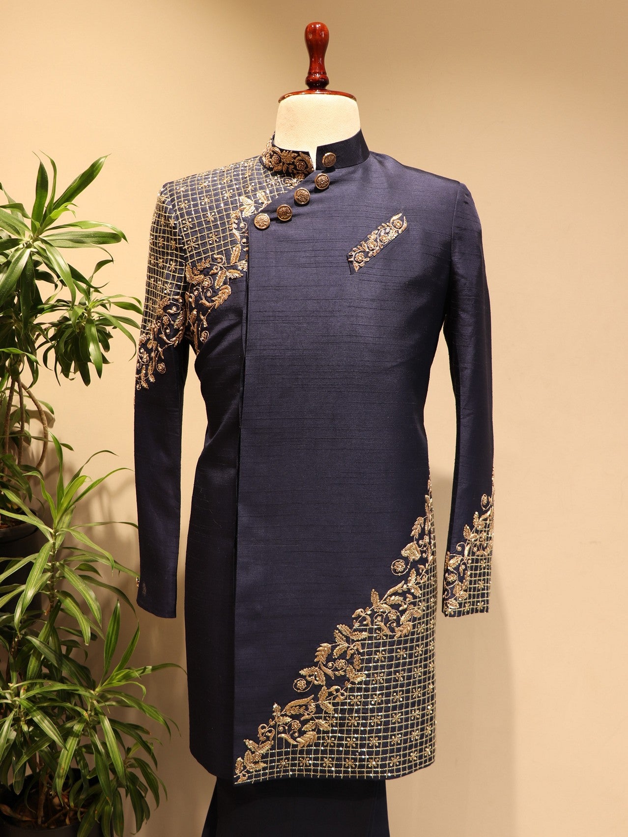 Navy blue mens achkan with pants