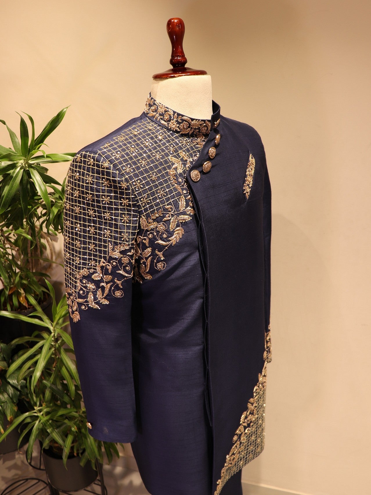 Navy blue mens achkan with pants
