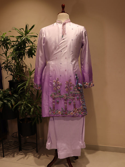 lavander shaded peacock mens angrakha kurta with pants