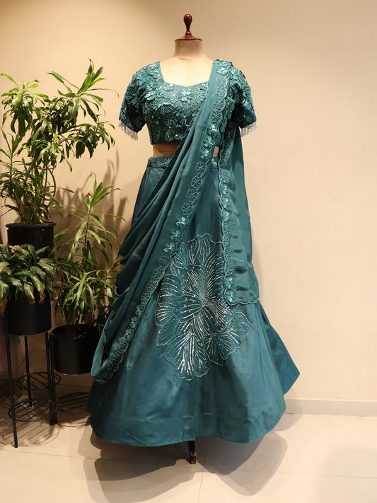 turquoise blue ed flower lehenga set