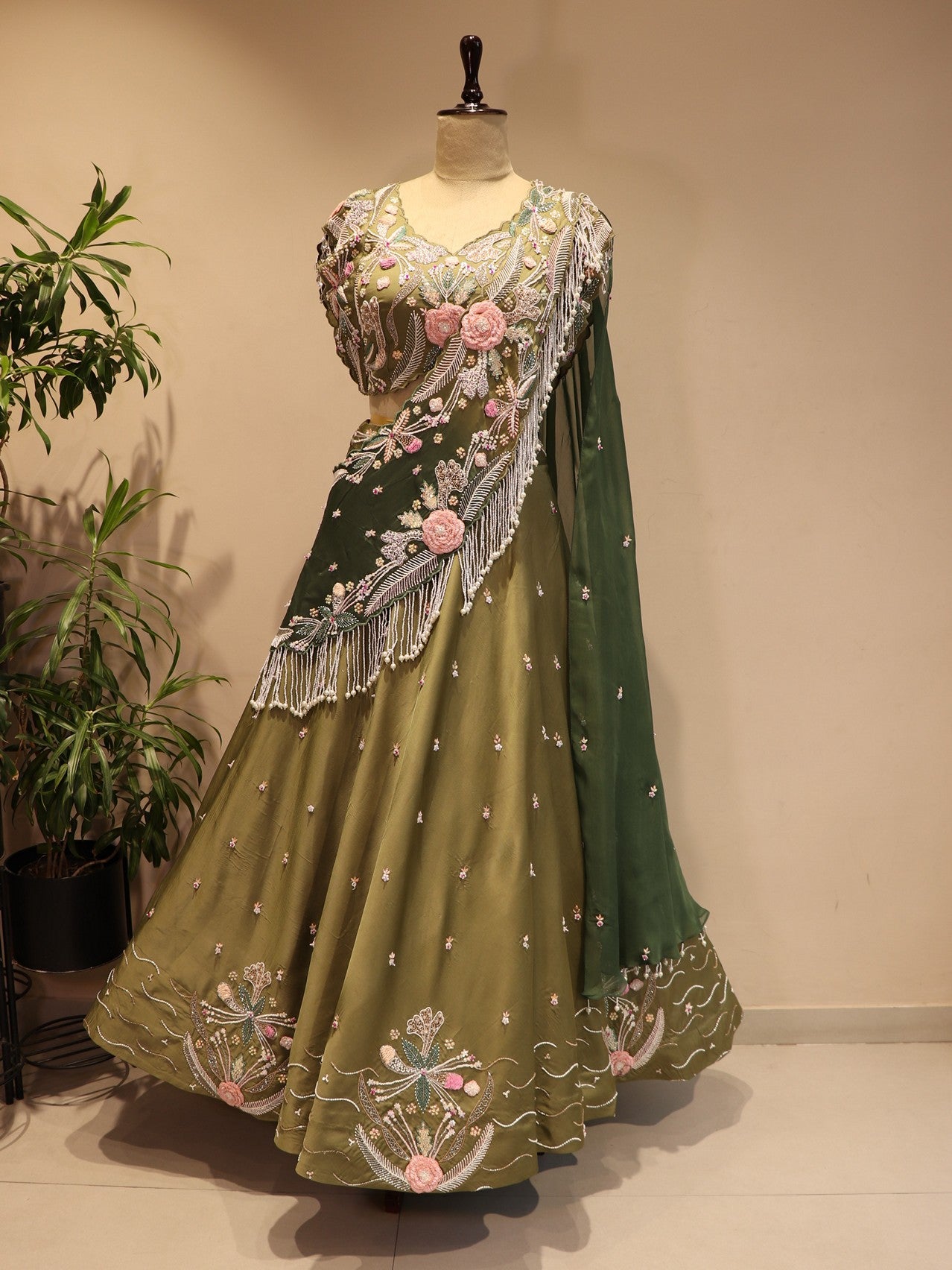 mehendi green 3d flower lehenga set
