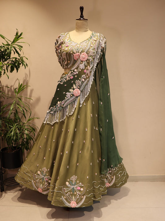 mehendi green 3d flower lehenga set