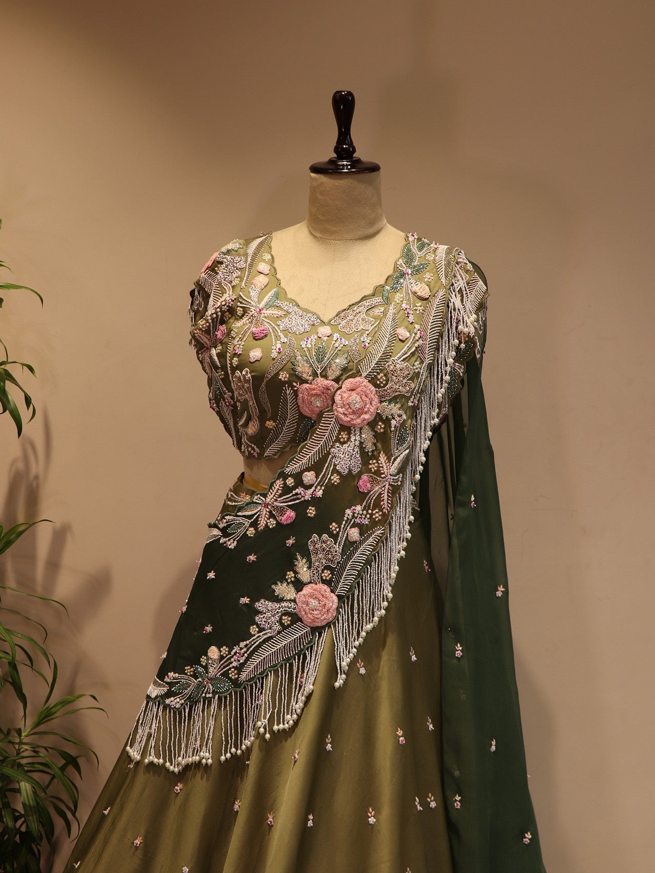 mehendi green 3d flower lehenga set