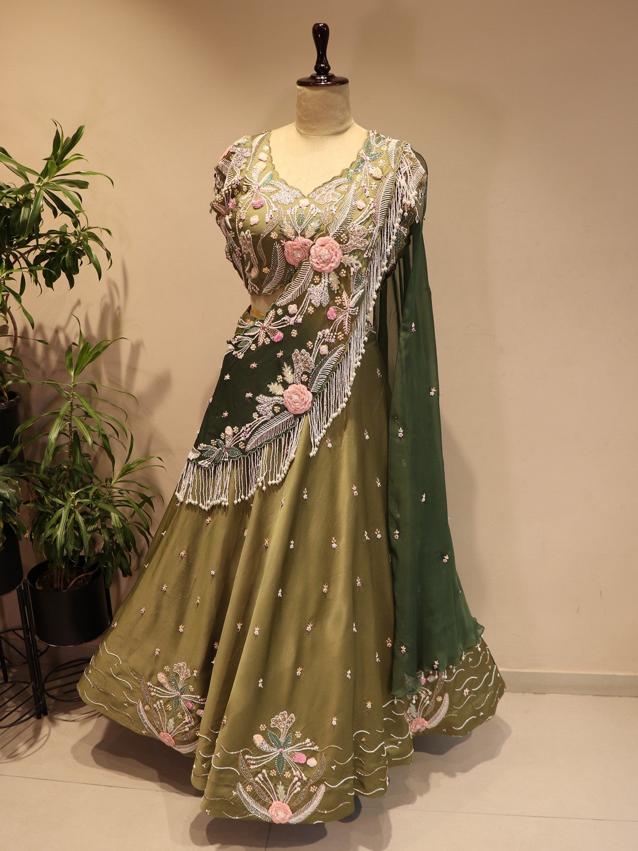 mehendi green 3d flower lehenga set