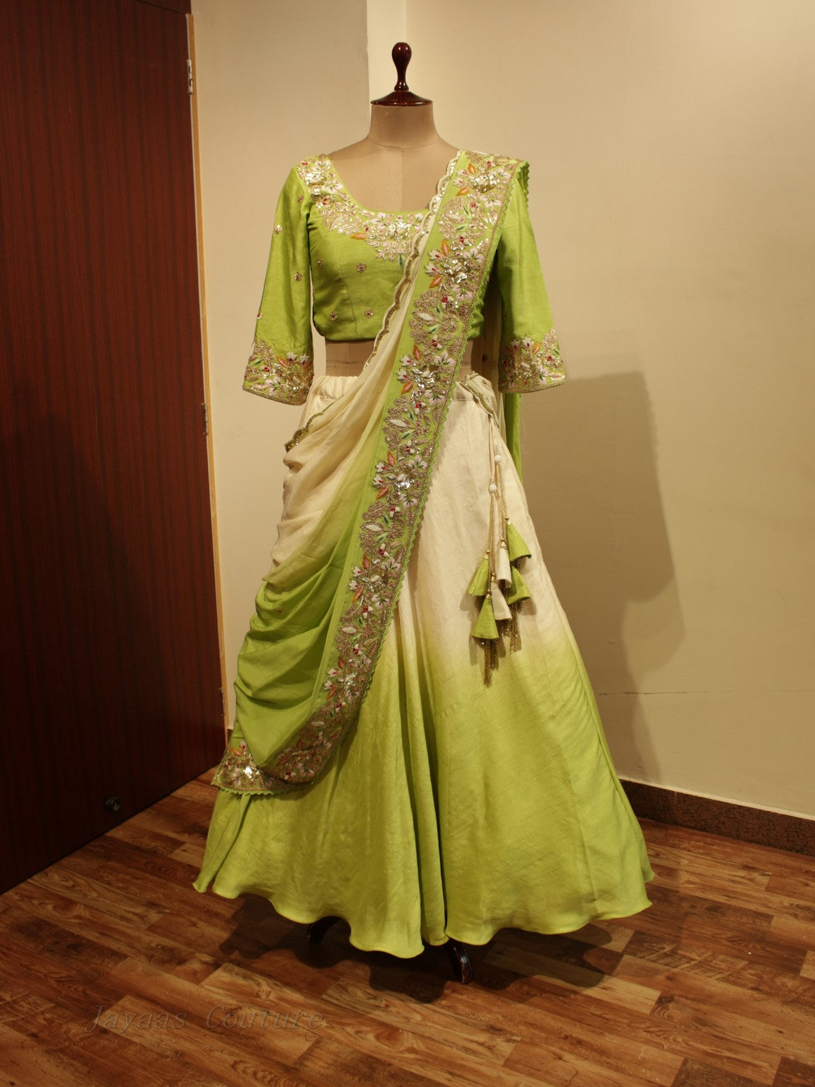 Green off white shaded lehenga set