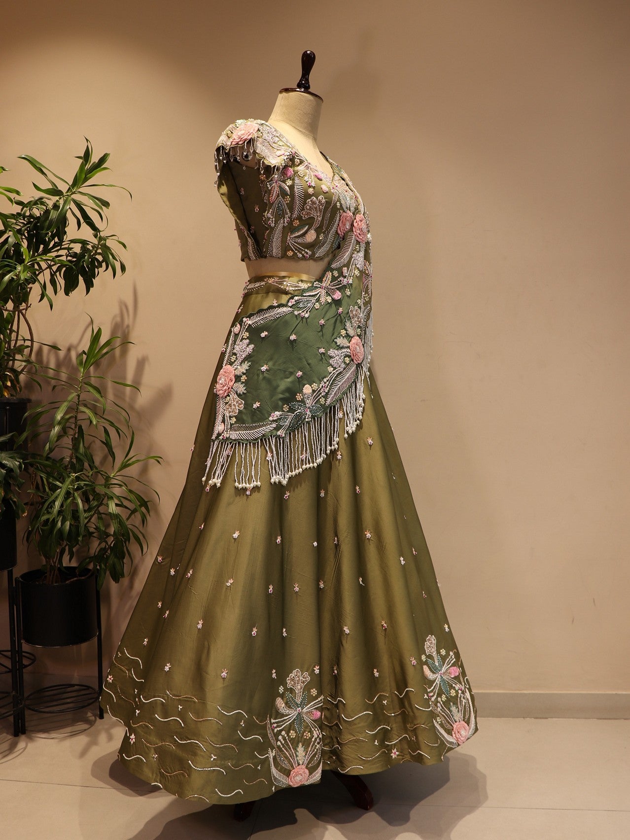 mehendi green 3d flower lehenga set