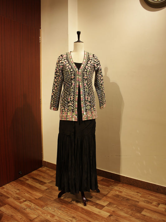 Black embroidered crop top with sharara and jacket