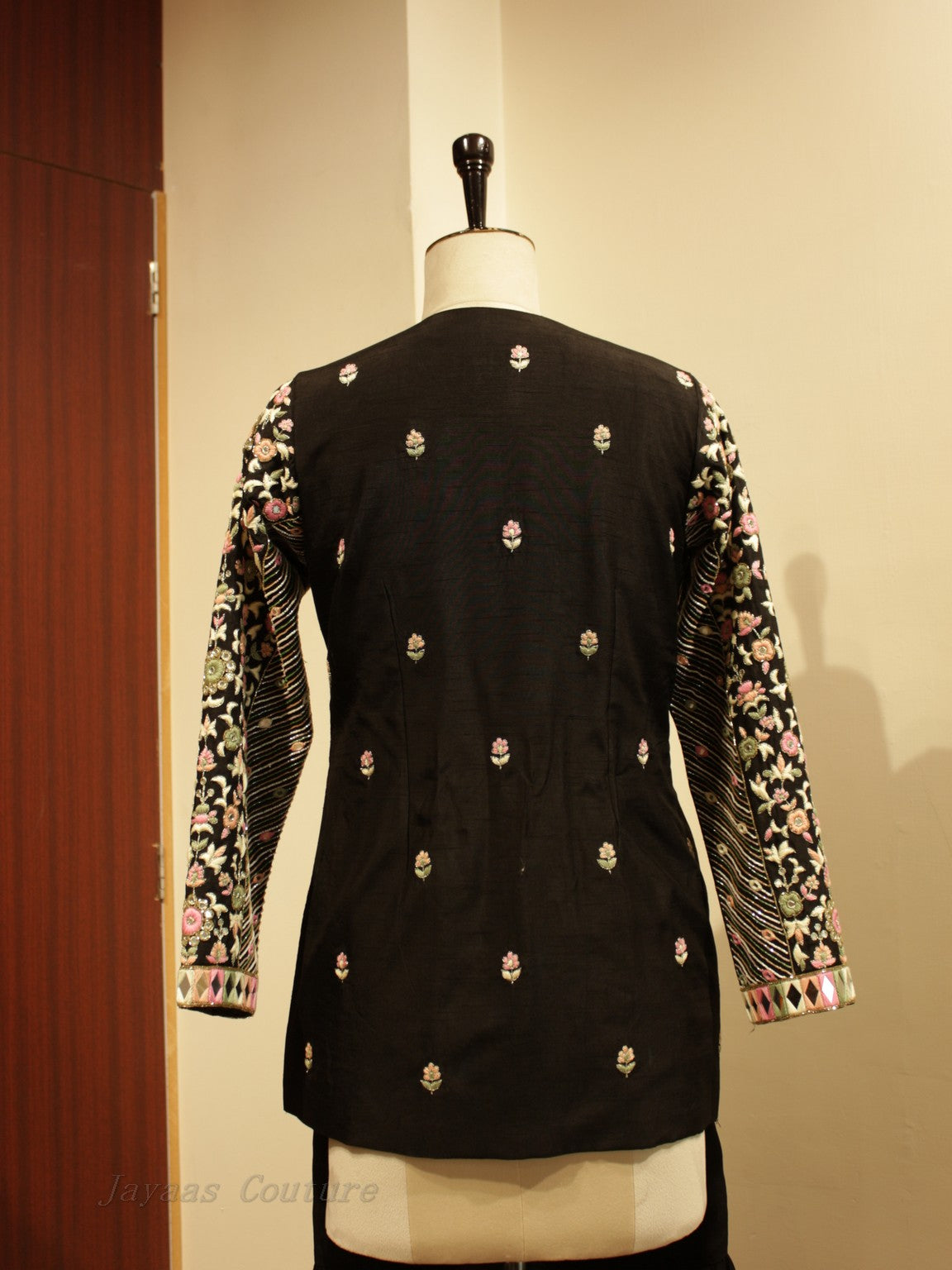 Black embroidered crop top with sharara and jacket