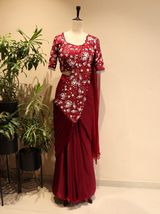 wine drape saree